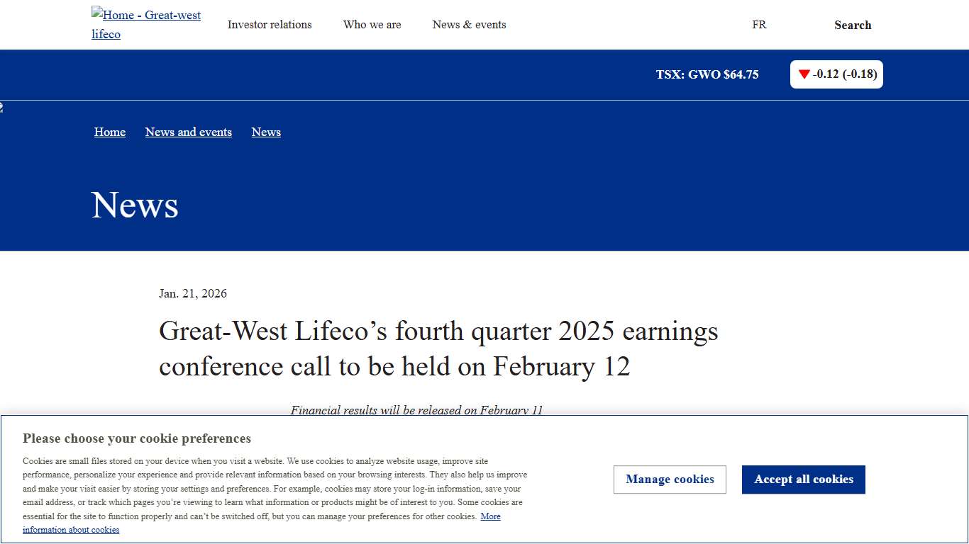 Great-West Lifeco’s fourth quarter 2025 earnings conference call to be held on February 12